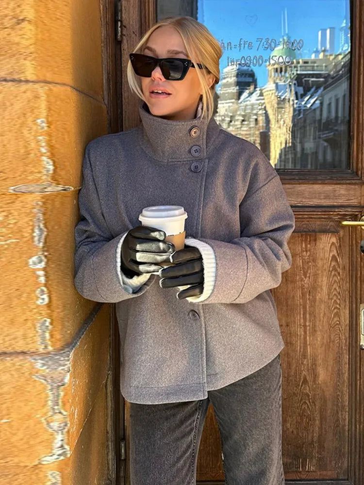 Casual Woolen Stand Collar Autumn Winter Coat for Women
