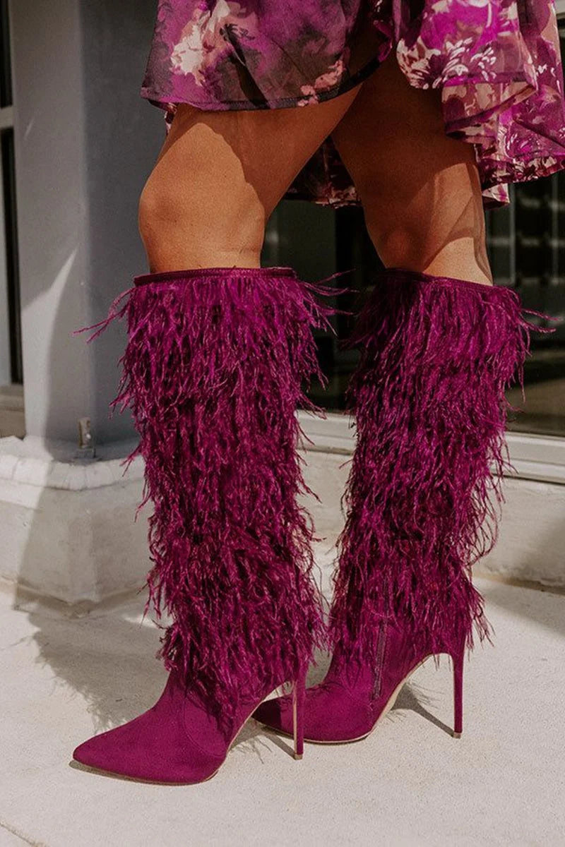 Magenta Suede Fluffy Fringe Stiletto Knee High Boots For Women