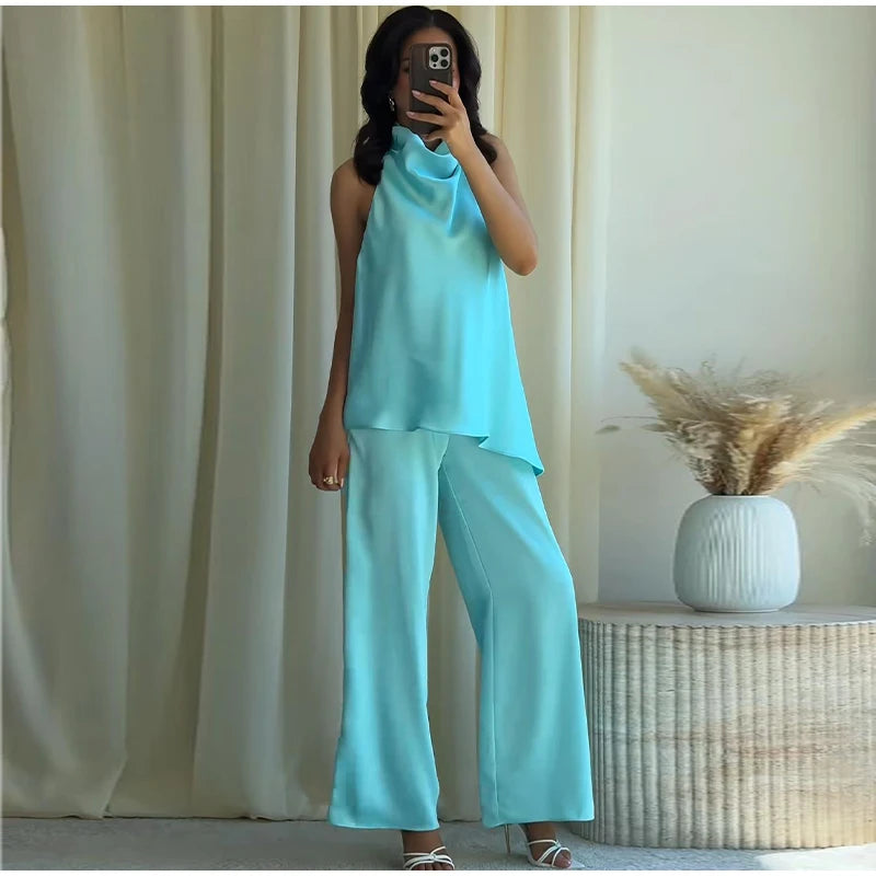 Turquoise Satin Cowl Neck Halter Top And Wide Leg Pants 2 Piece Set For Women