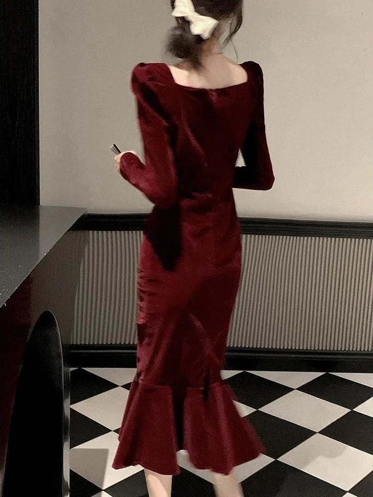 Women Velvet Long Sleeve Maxi Dress Autumn Elegant Luxury A Line Gown High Waist Chic Party Evening Dress Versatile