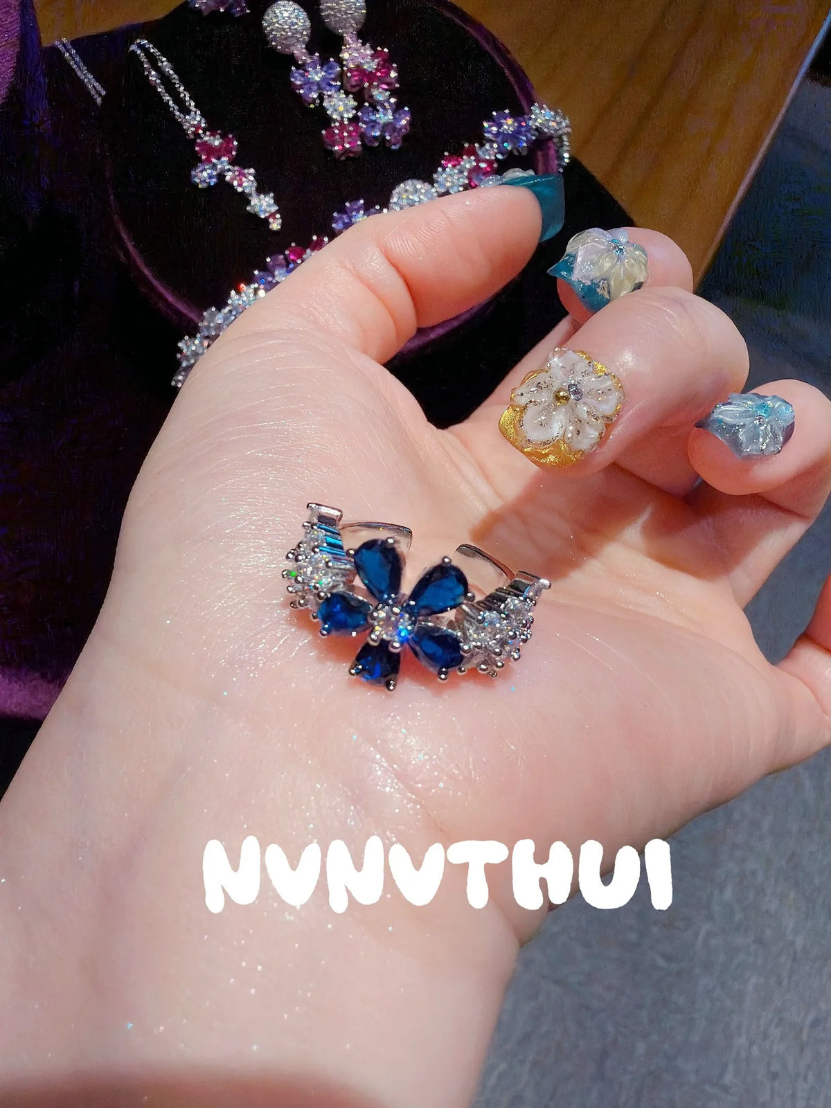 Vintage Blue Floral Zircon Necklace and Bracelet Set for Women