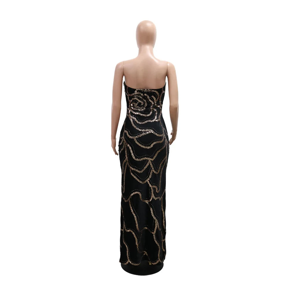 Sweetheart Strapless Deep V Velvet Rhinestone Rose Pattern Maxi Dress for Women