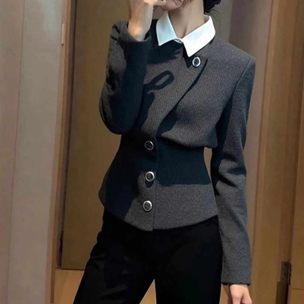 Grey Faux Two Piece Button Detail Casual Coat For Women