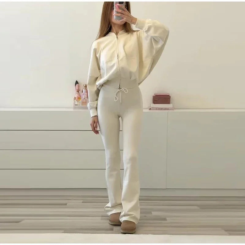 Solid Zip Front Coat and Trousers Two Piece Set for Women Autumn