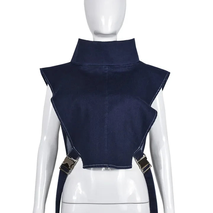 Elegant Tank Tops for Women Streetwear Summer 2025 New Cowboy Pile Collar Pullover Sleeveless Workwear High Waist Short Vest