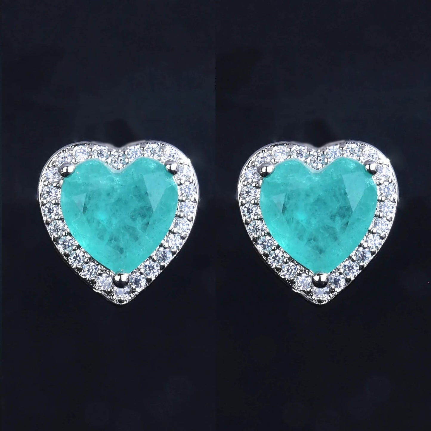Silver Heart Shape Paraiba Tourmaline Gemstone Stud Earrings For Women Fashion Wedding Statement Jewelry Anniversary Gift