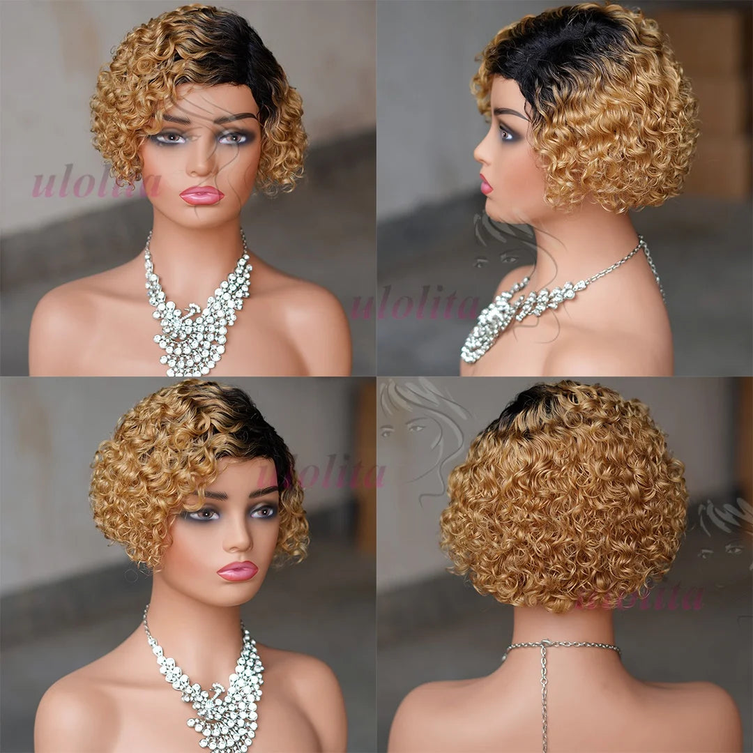 Ombre Pixie Cut Curly Bob Human Hair Wig for Women
