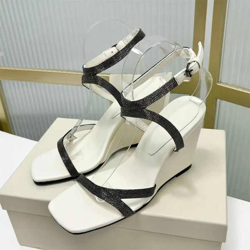 Square Toe Suede Wedge Sandals With Beaded Straps For Women