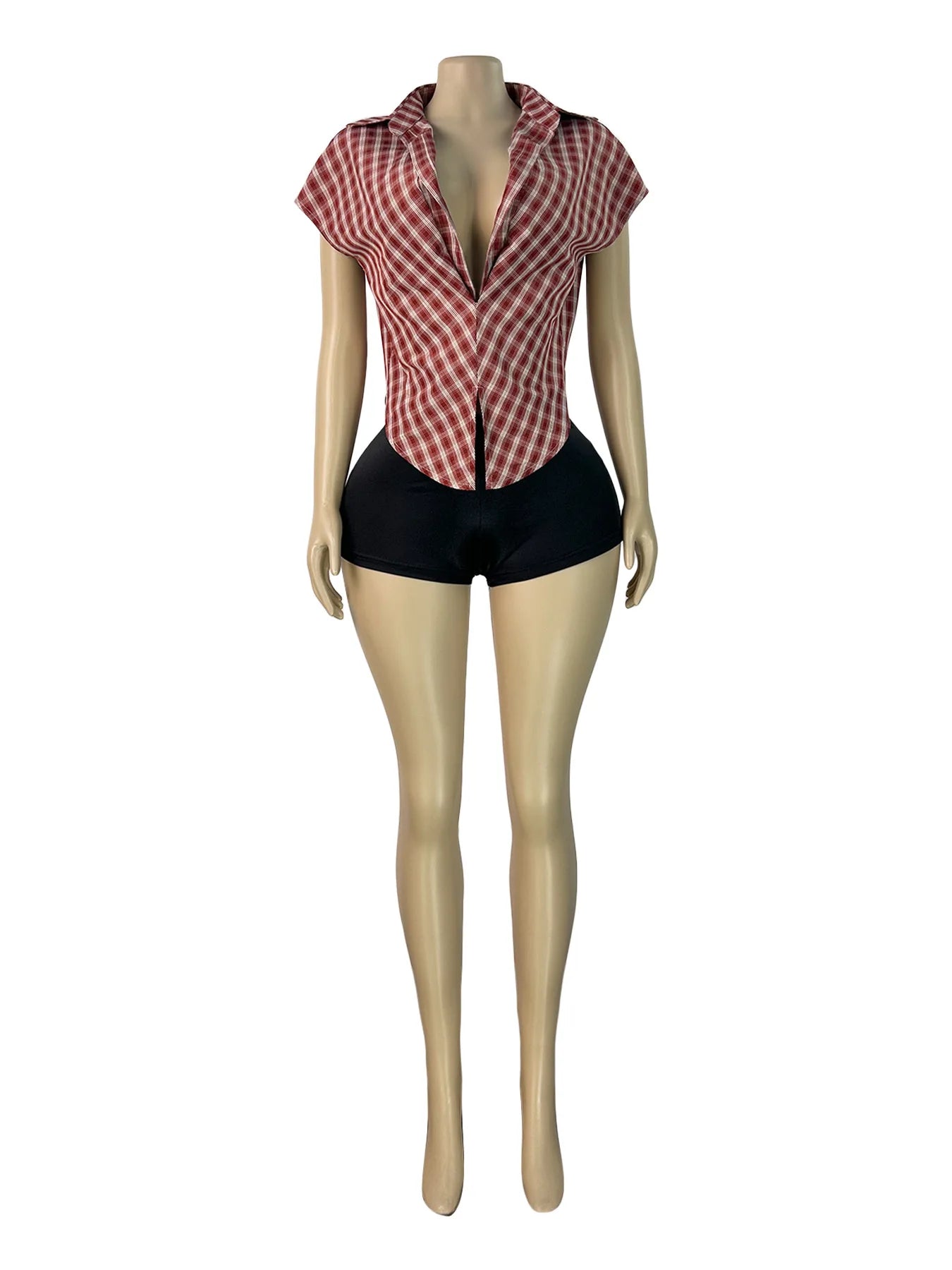 Plaid Print Deep V Neck Sleeveless Hollow Two Piece Set for Women