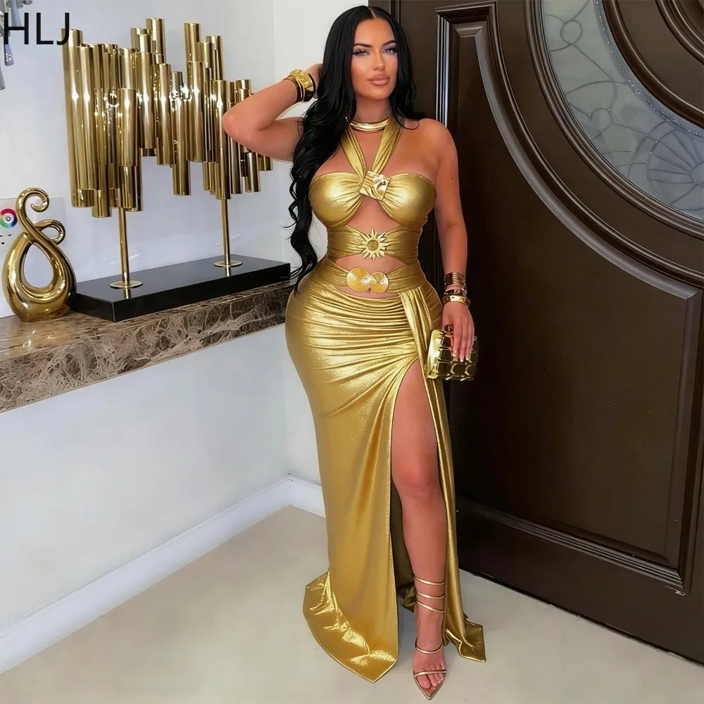 Sleeveless Halter Backless Slit Bodycon Maxi Dress for Women