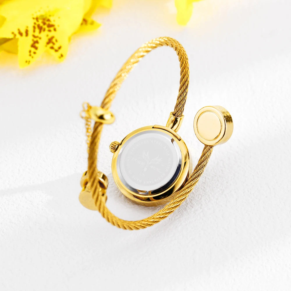 Missfox Gold Mini Watches For Women Causal Fashion Open Band Small Watch Power By Battery Ladies Wristwatches New Hot For Gift