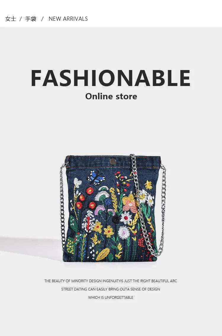 Embroidered Floral with Chain Shoulder Bag for Women
