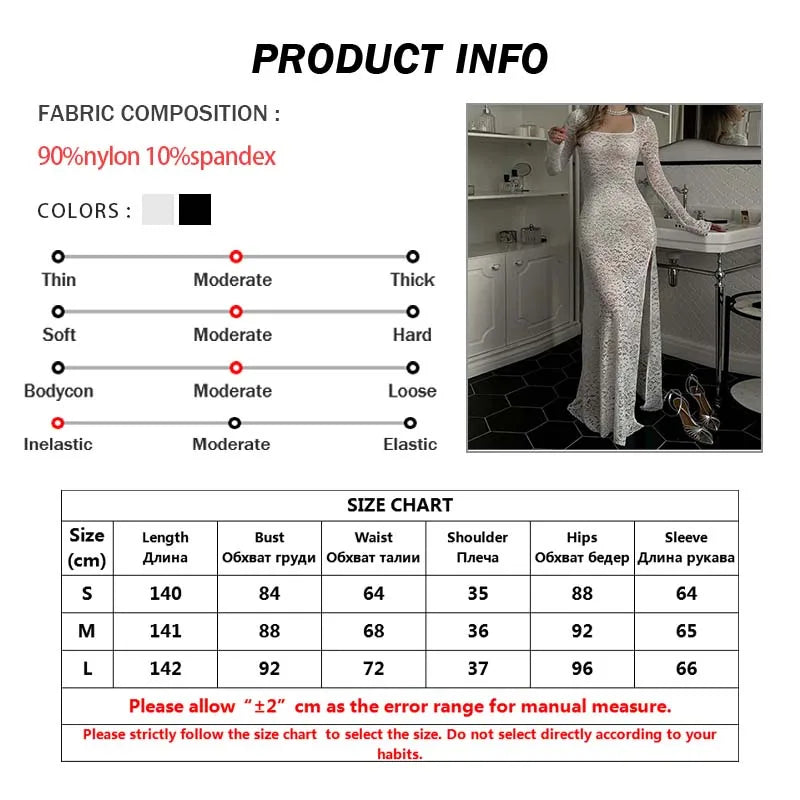 Oymimi Sexy White Lace Women's Dress Summer New Slim Square Neck Long Sleeve Dresses Fashion Straight Floor-Length Dress Female