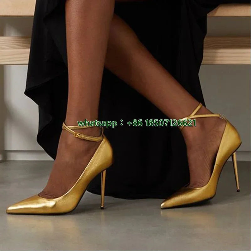 Gold Ankle Buckle Pointed Toe Chain Pumps for Women