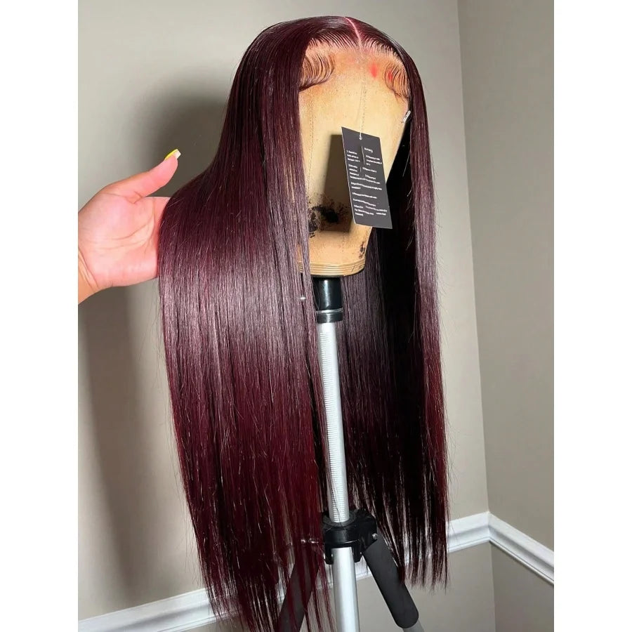 Straight Burgundy Transparent Lace Frontal Wig For Women