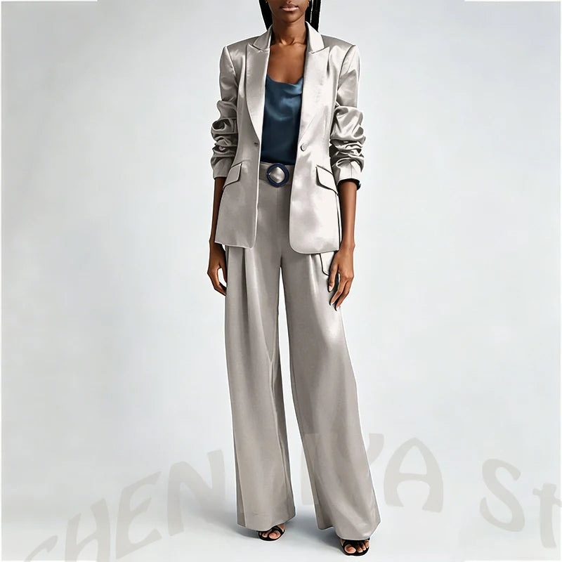 Women's Two Pieces Set Satin Peaked Lapel Elegant Fashion Single Button Straight Professional Tailor-Made Jacket with Pants