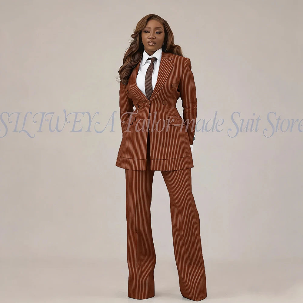 Slim Fit Brown Striped Blazer Set With Pants For Women