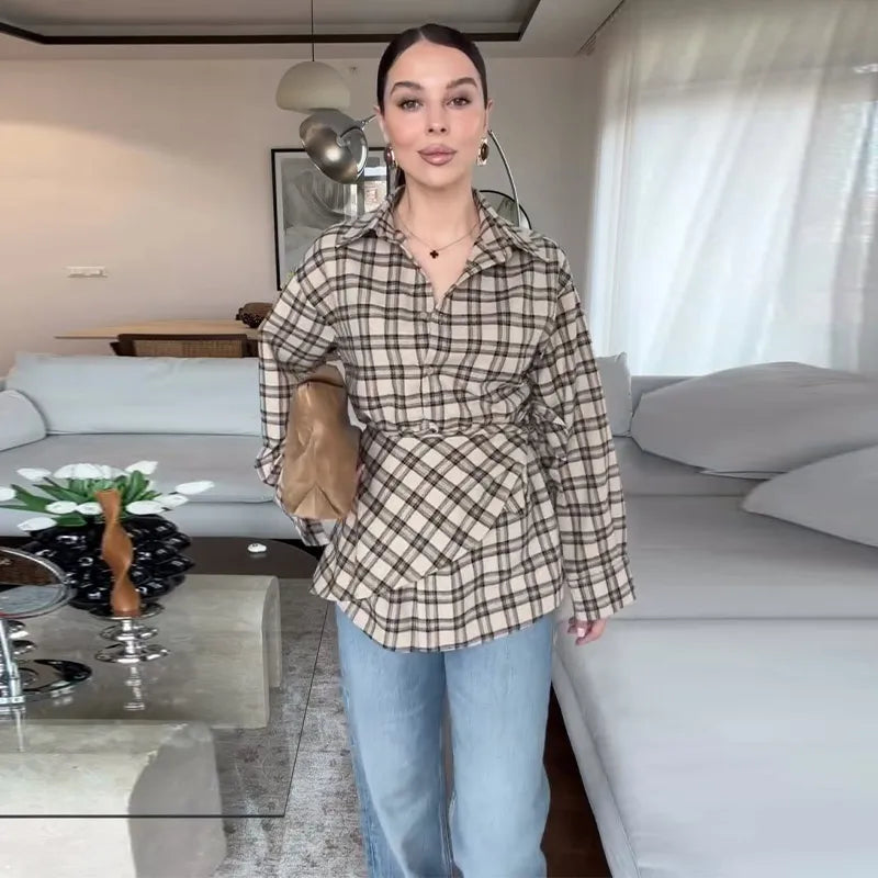 Elegant Plaid Patchwork Long Sleeve Shirt for Women