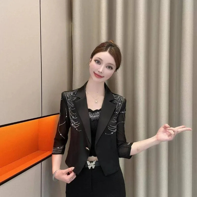 Women Blazers Coat Hot Stamping Slim Fit Seven Quarter Sleeve Jacket for Women in Spring 2025, New Niche Top