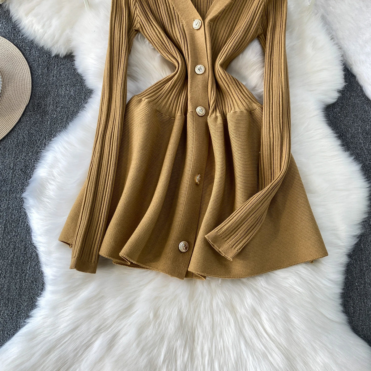 V Neck Knit A Line Long Sleeve Mini Dress for Women
