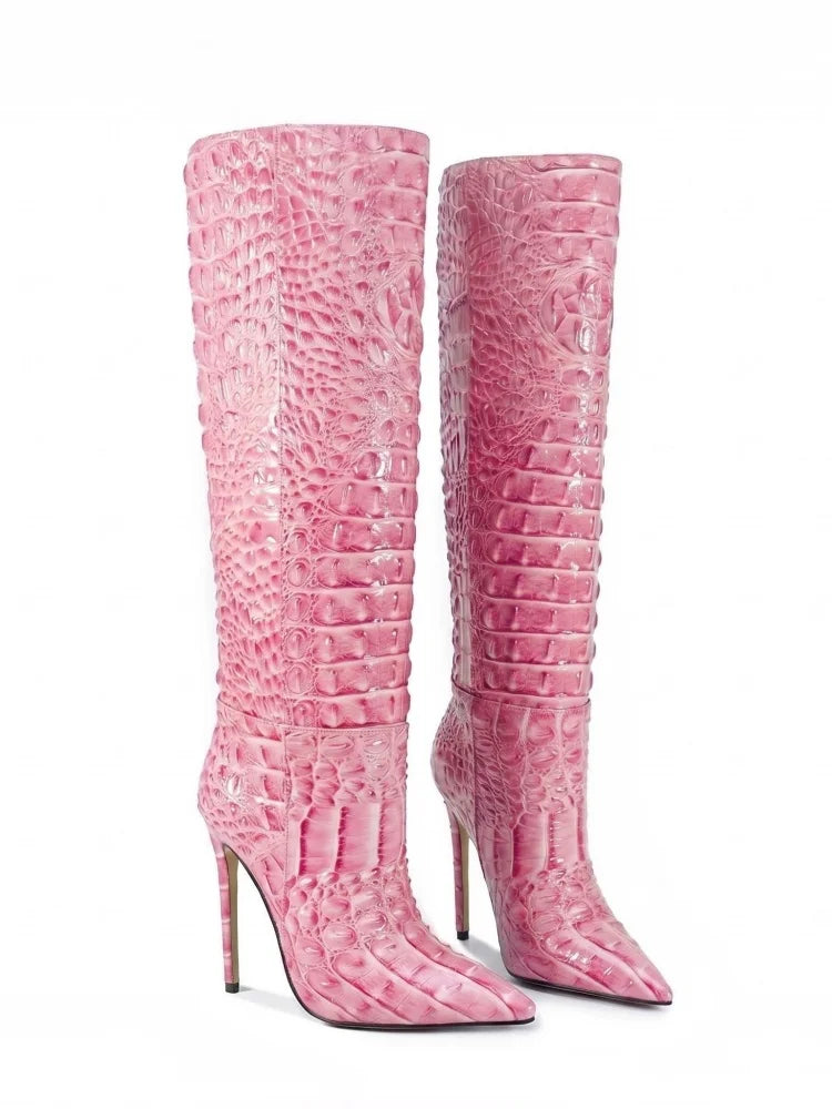 Crocodile Embossed Knee High Stiletto Boots for Women
