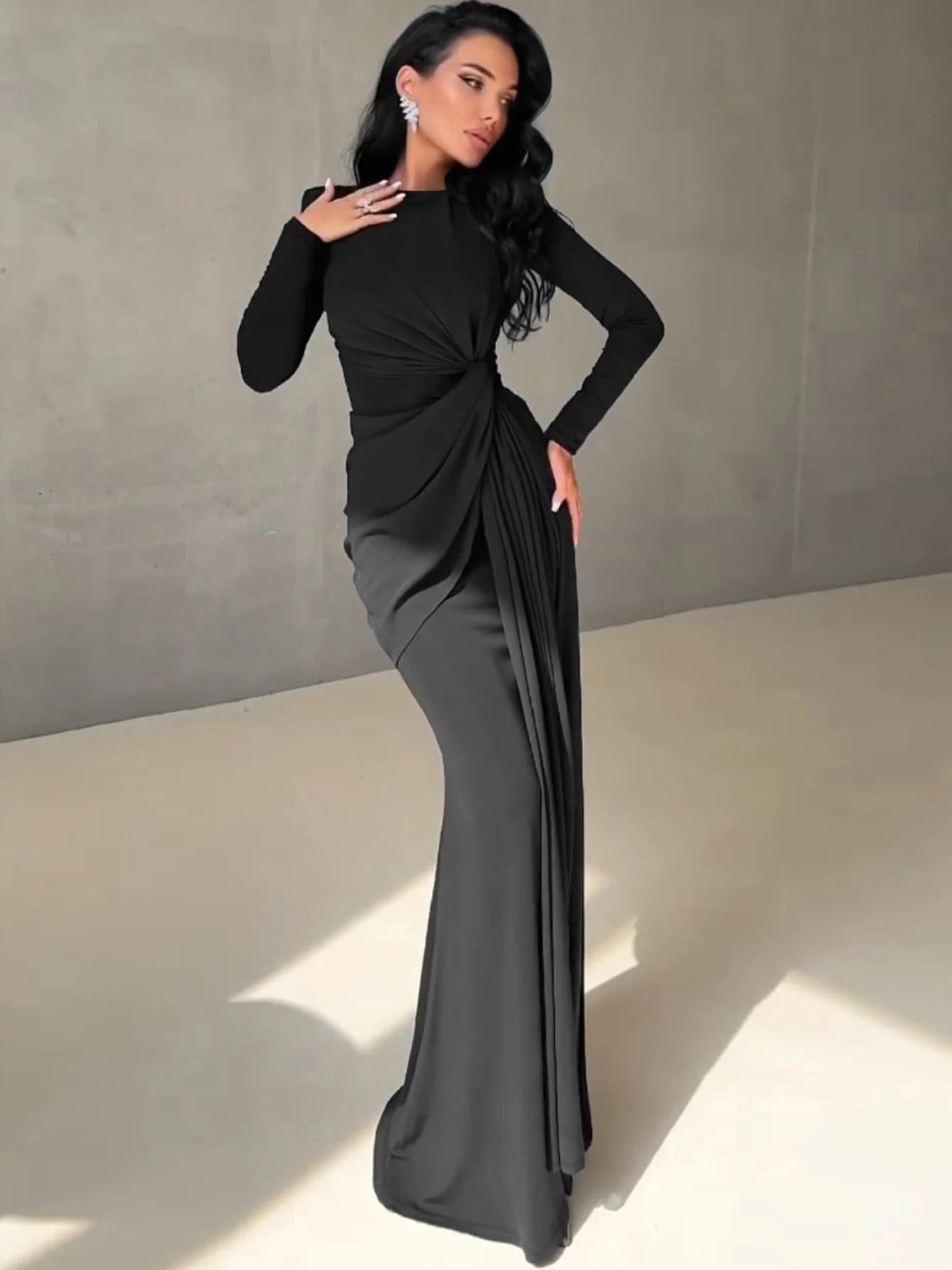 Elegant Ruched Long Sleeve Pleated Maxi Dress for Women