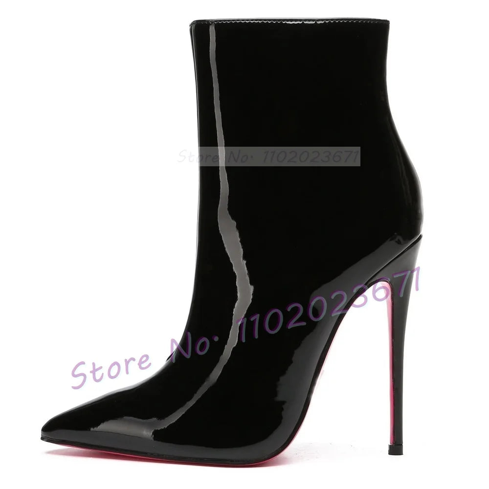 Pink Sole White Ankle Boots Women Pointed Toe Stylish Patent Leather High Heels Boots Female Elegant Casual Crocodile Shoes