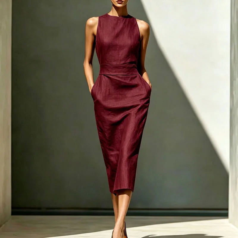 Elegant Sleeveless High Waist Sheath Midi Dress for Women