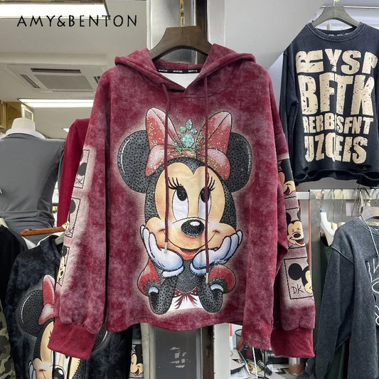 2025 Autumn Winter Heavy Industry Sequin Cartoon Loose Sudaderas Fashion Hoodie Women's Autumn Winter Hooded Pullover Sweatshirt