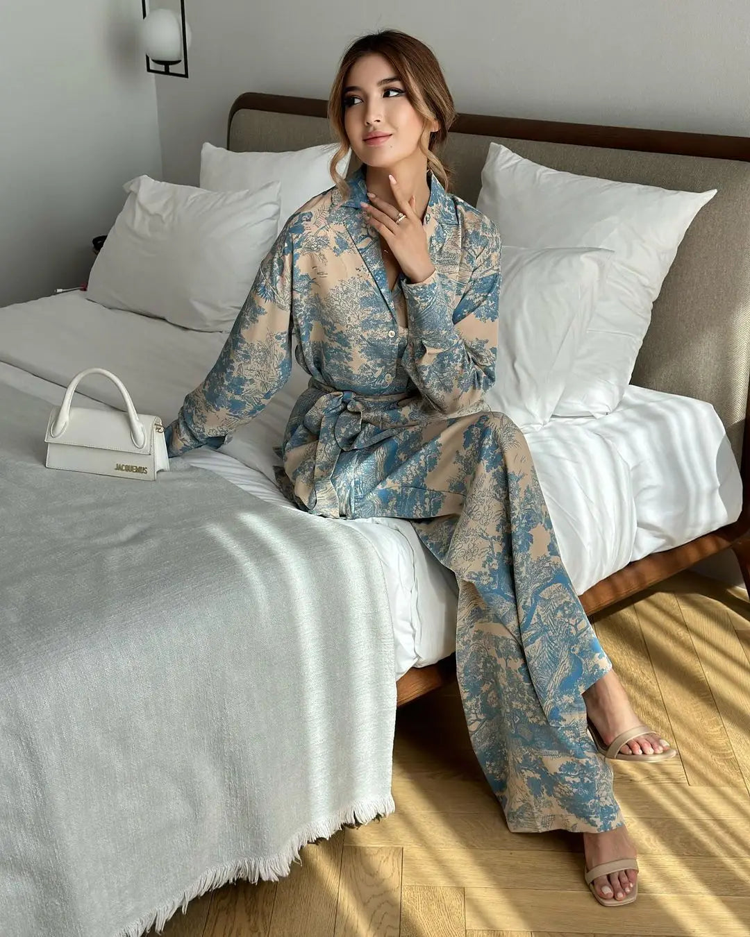 Elegant Print Two Piece Set With Long Sleeve Shirt And Wide Leg Pants for Women
