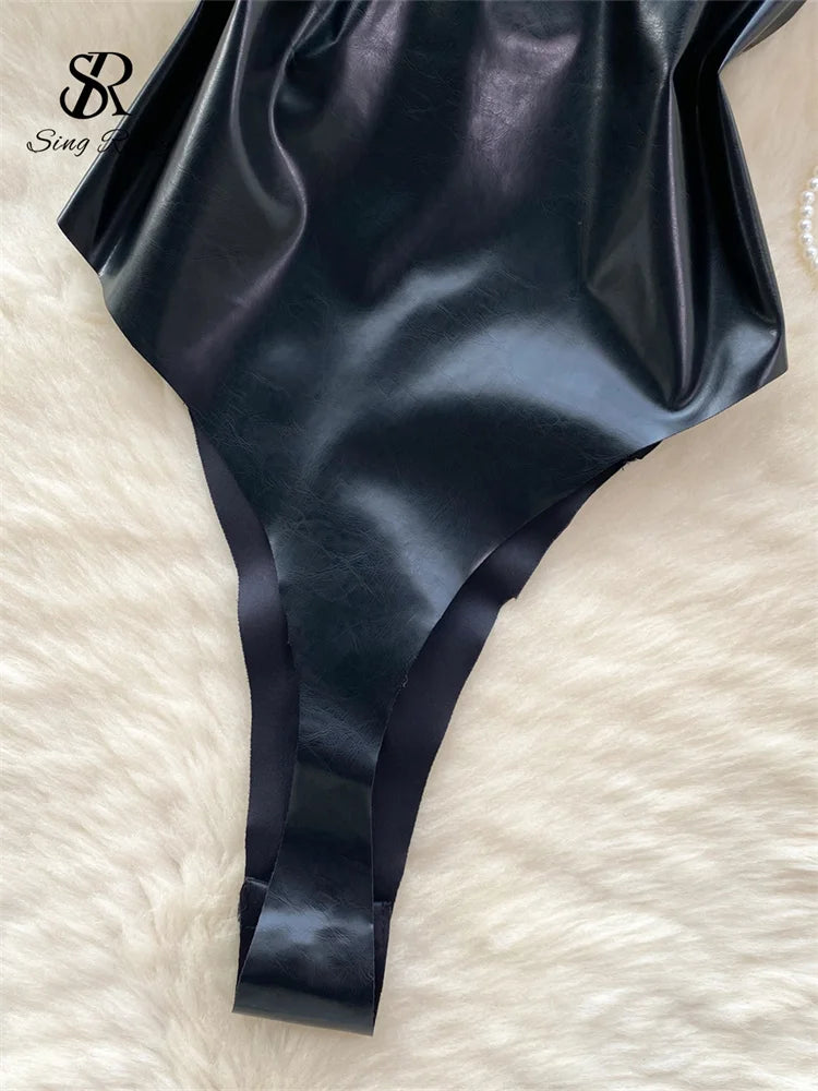 Strapless PU Leather Lace-Up Backless Bodysuit for Women