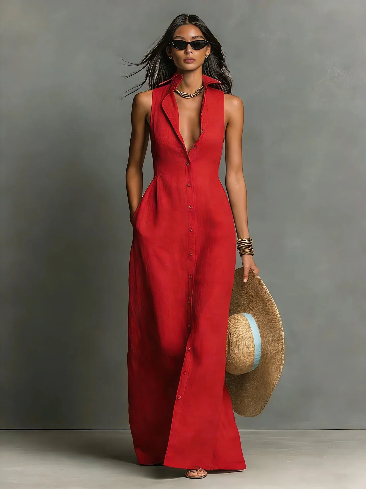 Elegant Deep V Neck Button Pocket Maxi Dress for Women