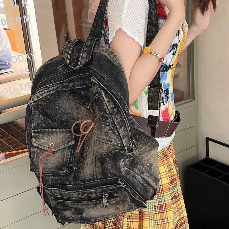 Washed Denim Backpack With Large Capacity for Women