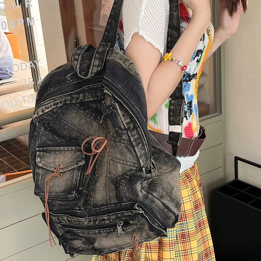 Patchwork Washed Denim Backpack
