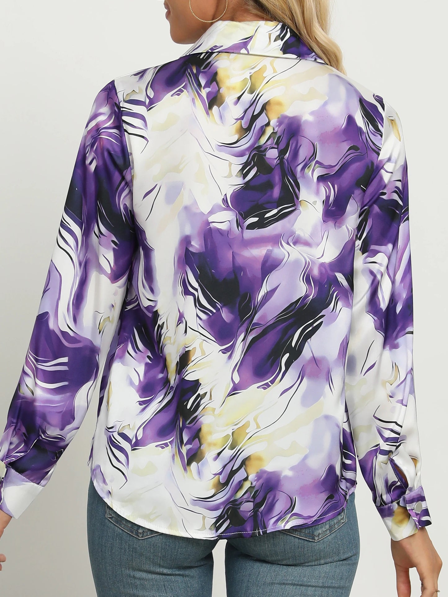 Marble Print Button Front Long Sleeve Shirt,Long Sleeve Tops