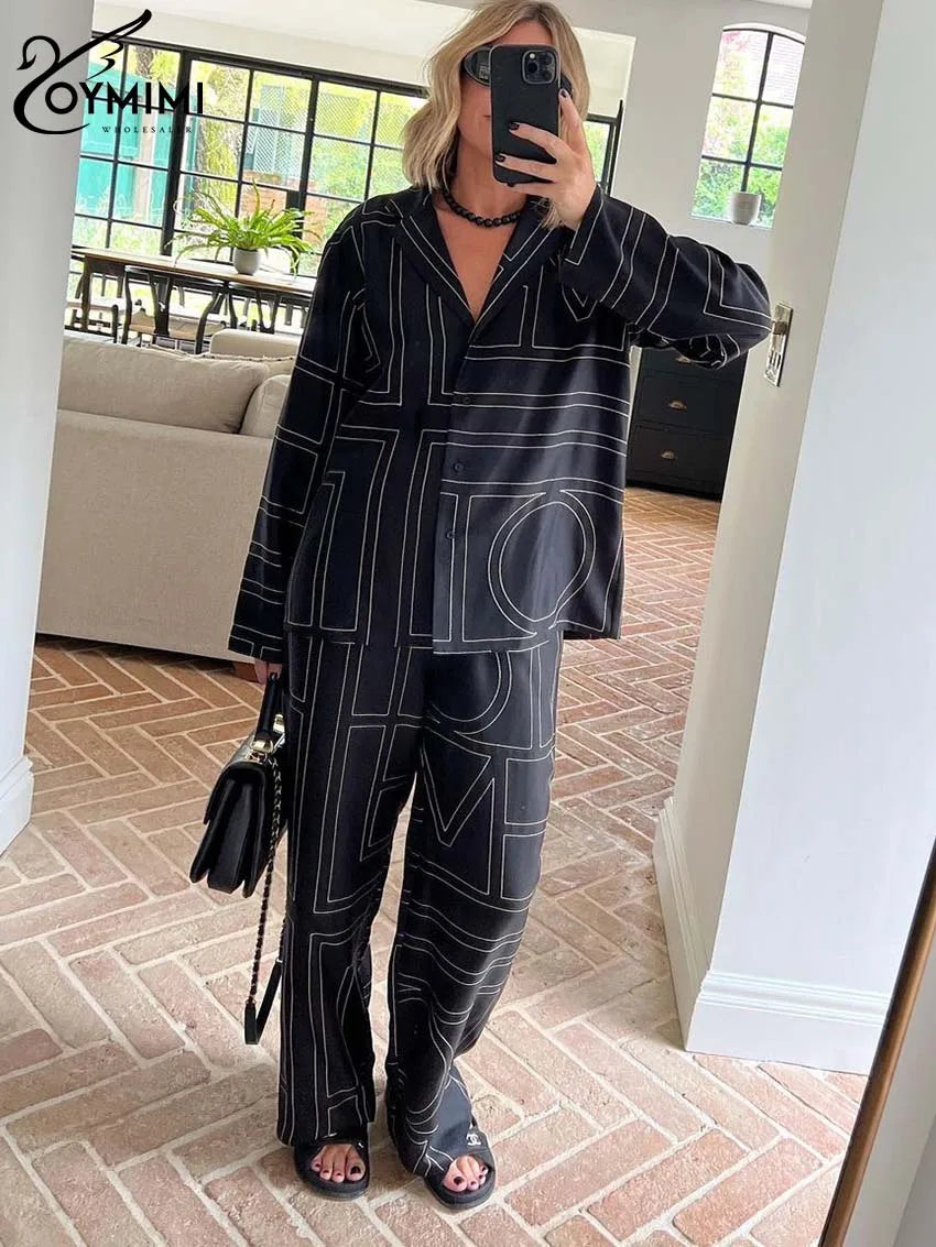 Oymimi Elegant Beige Print Two Piece Set For Women Fashion Long Sleeve Single Breasted Shirts And High Waisred Trousers Sets