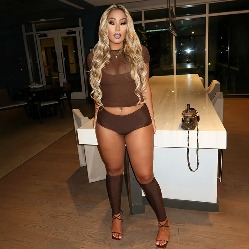 Sexy Mesh Patchwork Crop Top and Shorts Set for Women