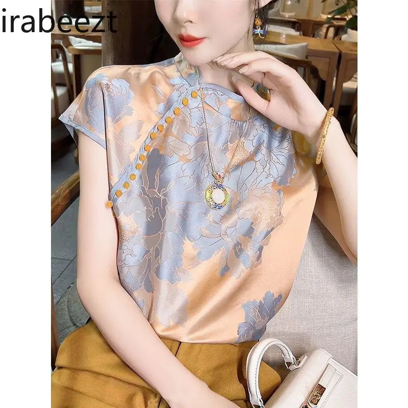 Chinese Inspired Floral Jacquard Satin Blouse For Women
