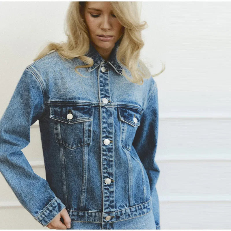 High Waisted Acid Wash Denim Two Piece Set For Women