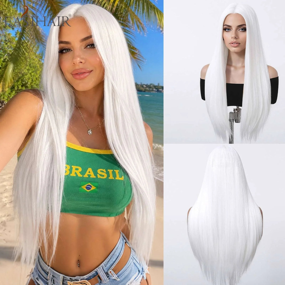 Long Straight White Synthetic Wig With Center Part for Women