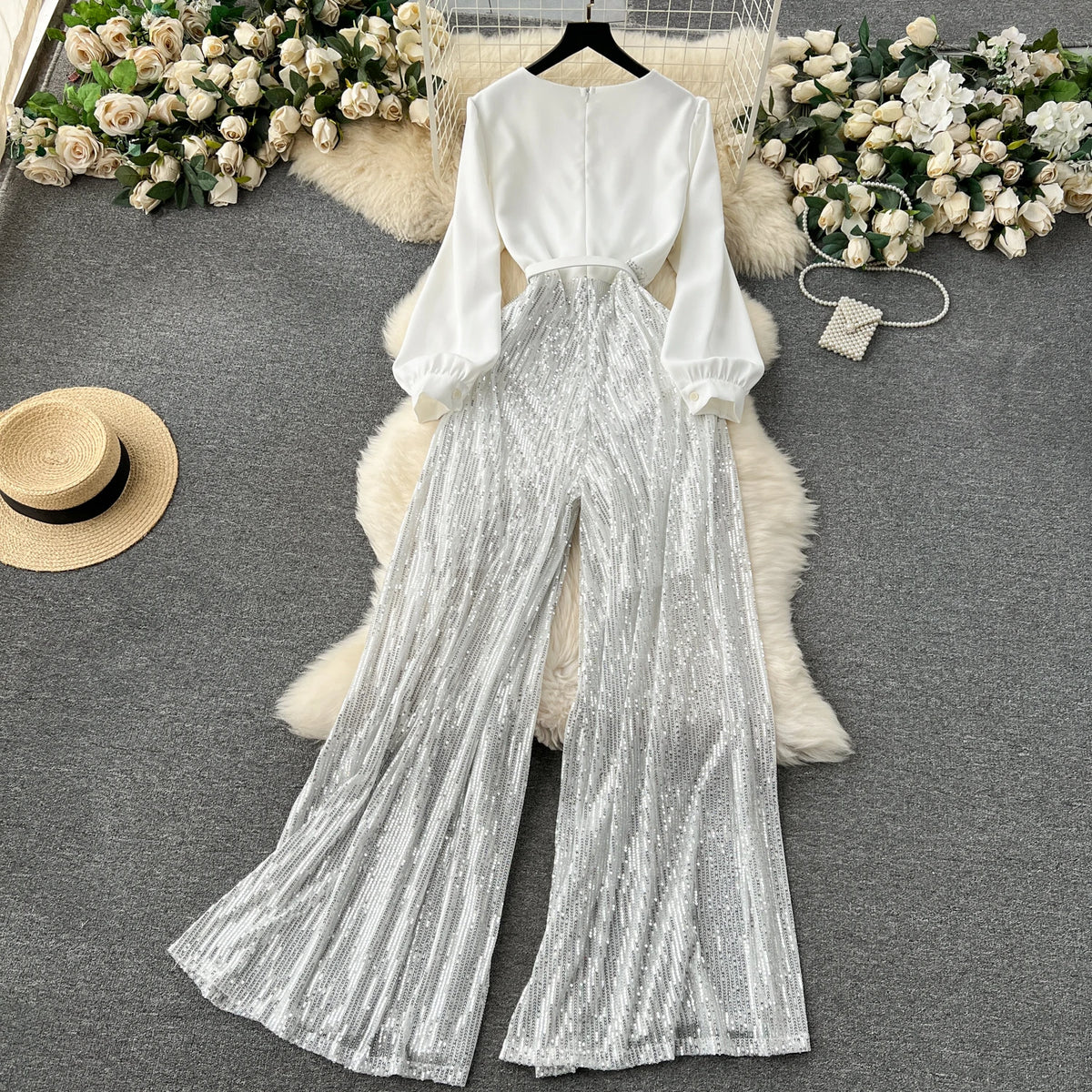 Sequined Patchwork V Neck Wide Leg Jumpsuit for Women