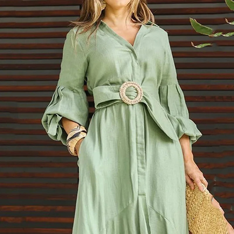 Casual Summer Dress With Turn Down Collar And Pockets for Women