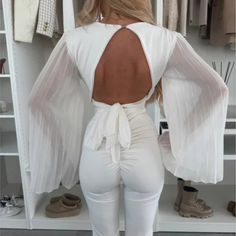 2025 Women's Spring Autumn New Fashionable Waist Collection Sexy V-neck Bag Sleeve Solid Color Wrinkled Long Sleeve Top
