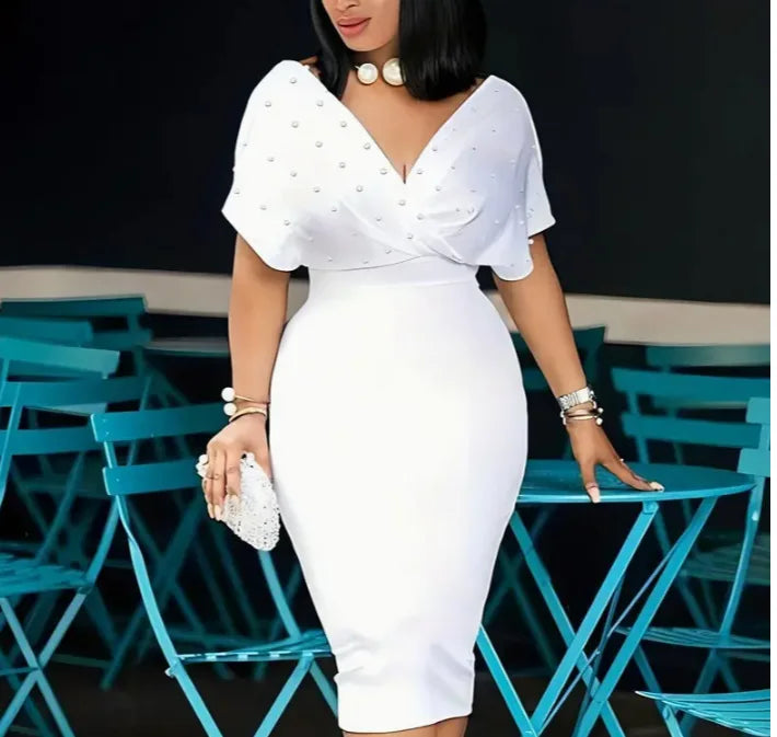 Elegant Solid V Neck Short Sleeve Knee Length Dress for Women