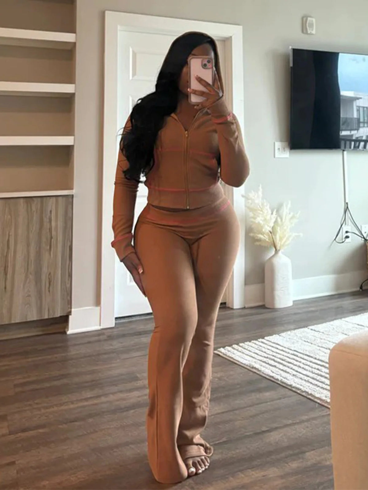 Hooded Long Sleeve Two Piece Matching Pants Set for Women