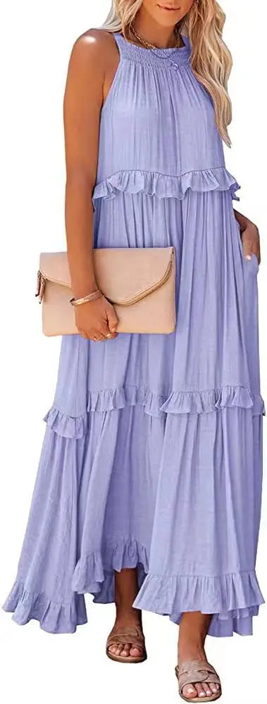 Solid Ruffled Sleeveless Maxi Sundress for Women