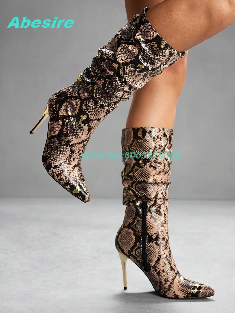 Snake-Pattern Pleated Patchwork Knee High Boots Pointed Toe Thin Heels Back Zipper Shoes for Women Spicy Girls Retro Shoes New