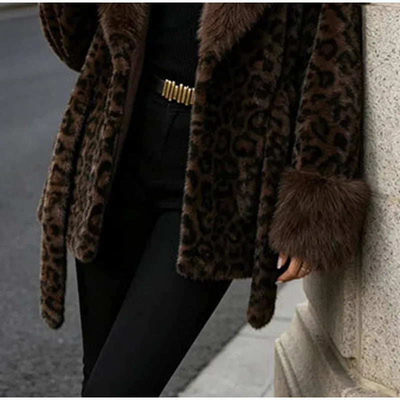 Leopard Print Faux Fur Patchwork Winter Overcoat for Women