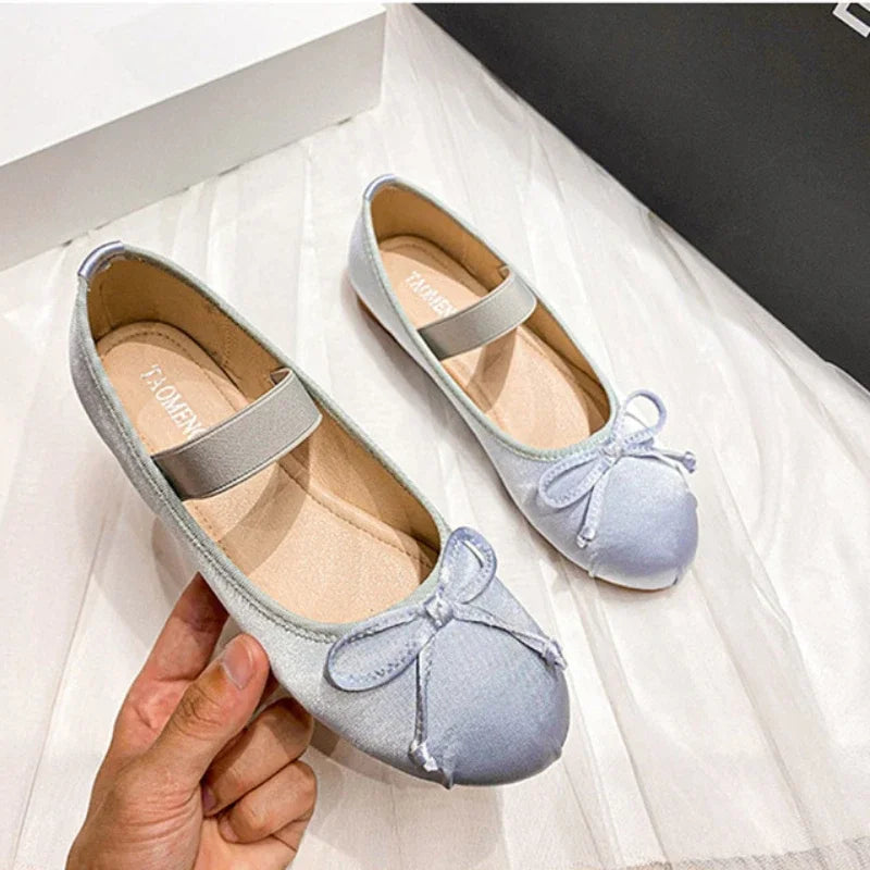 Round Toe Bow Satin Mary Jane Ballet Flats for Women