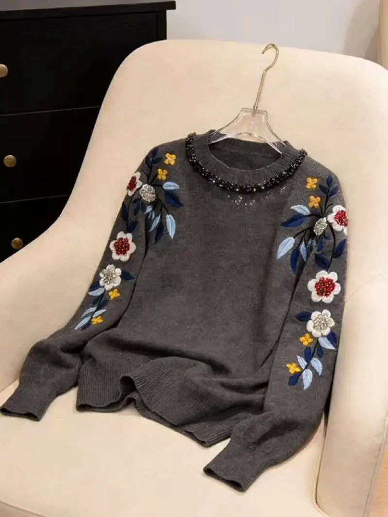 Floral Embroidered Crystal Detail Sweater for Women